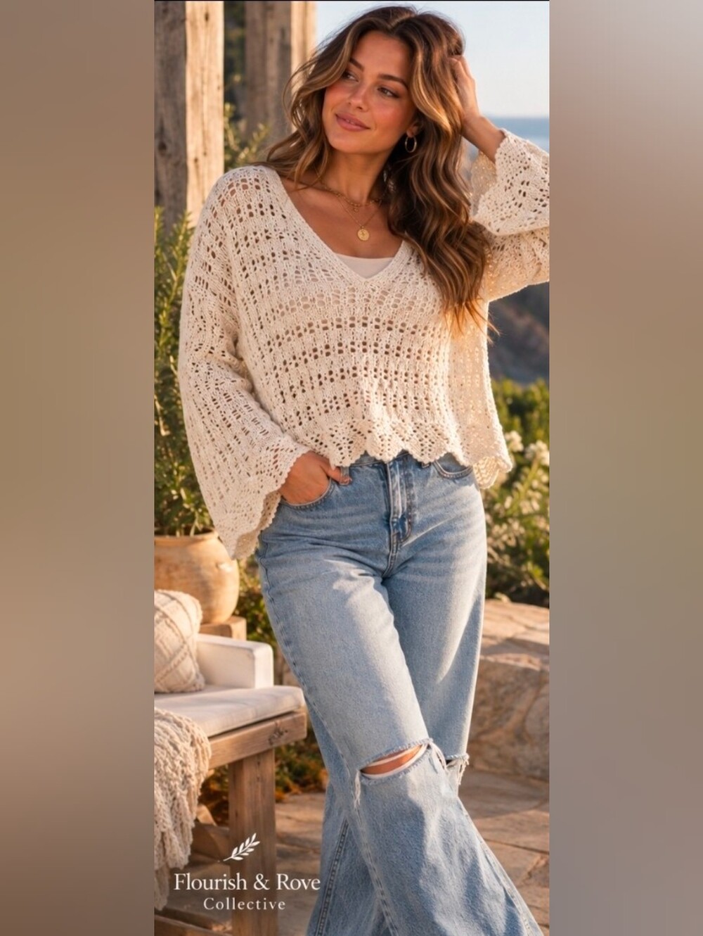 Cream Open Knit Bell Sleeve Sweater Boho Oversized